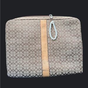 Coach Beige Signature Canvas Tablet Pouch with Tan Leather Trim